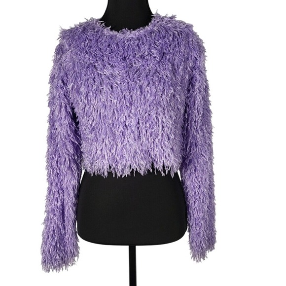 Fuzzy Cropped Blouse - Shaggy Knit Pullover - Lavender Purple - Size S - Picture 2 of 8